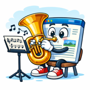 A web page, sitting playing the bass in front of a music stand. 